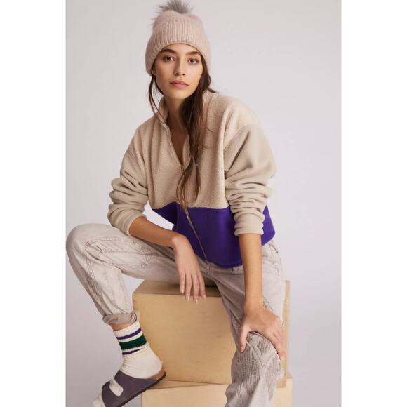 New Anthropologie DONNI Colorblocked Sherpa Jacket $324 XL Cream - Picture 1 of 9